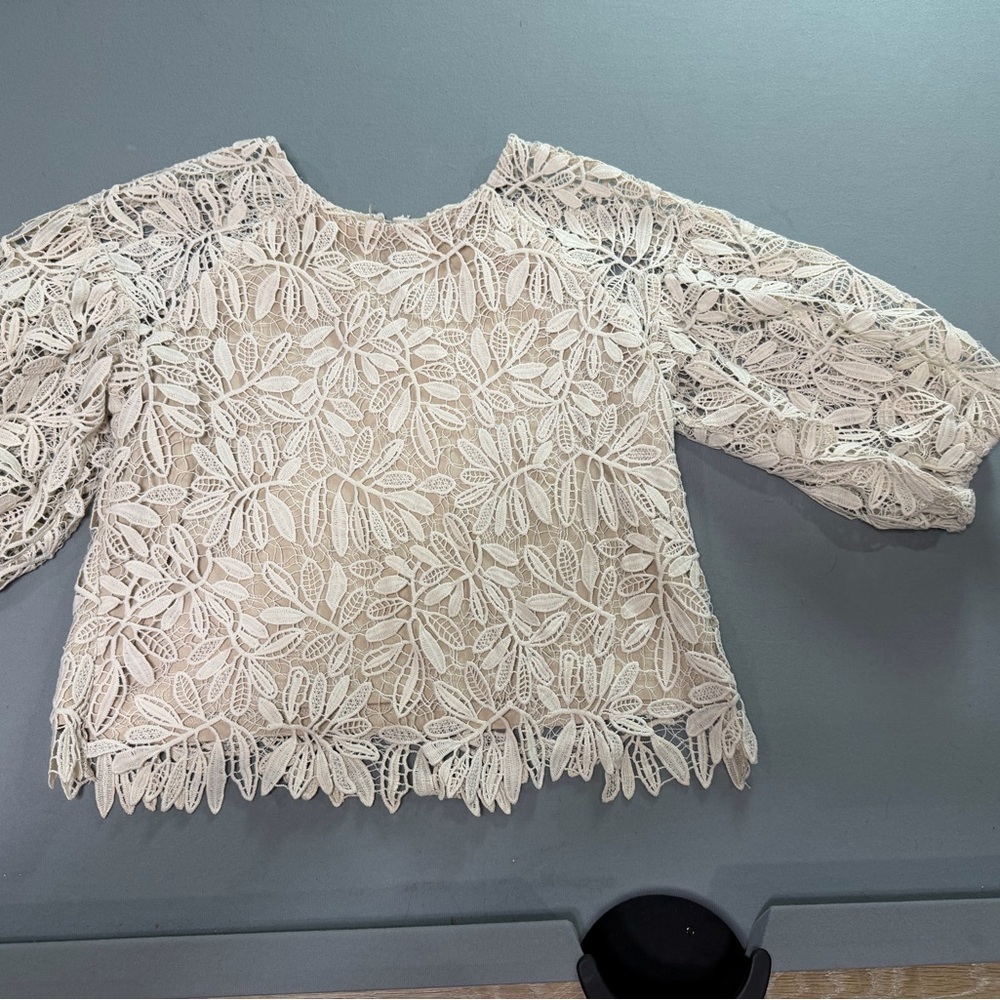 Delicate and Elegant Cream floral Lace Women's Top measures as a small